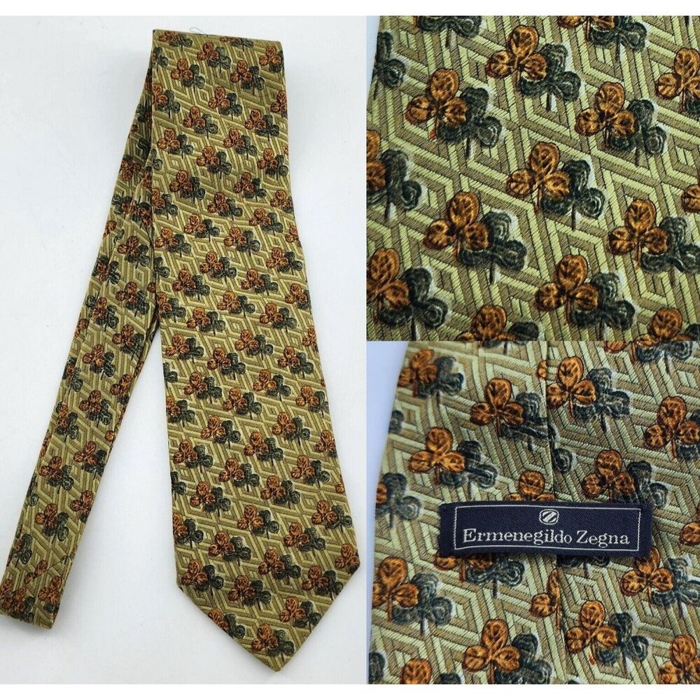 Ermenegildo Zegna Gold Shamrock Clover Print Neck Tie Italy Made Silk Wool Blend